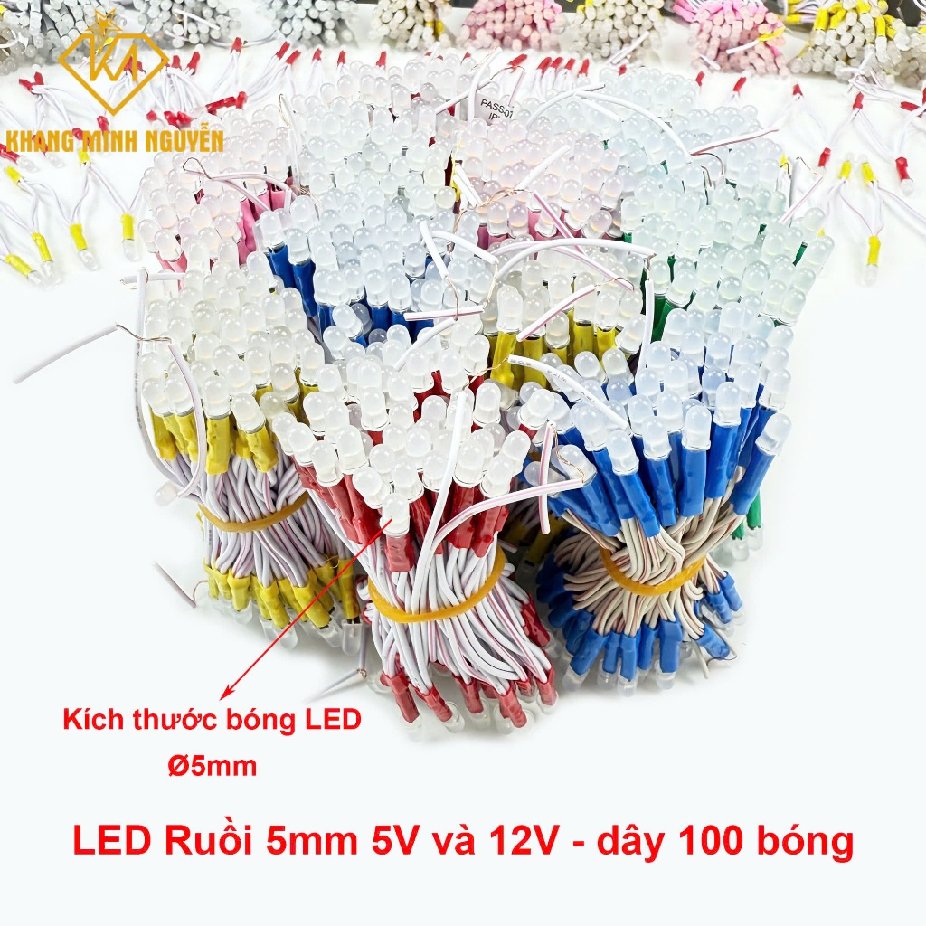 (Nhiều màu) Giá 1 bó 100 bóng led ruồi 5V và 12V - 5mm - chống nước làm bảng hiệu, hộp đèn, chạy chữ