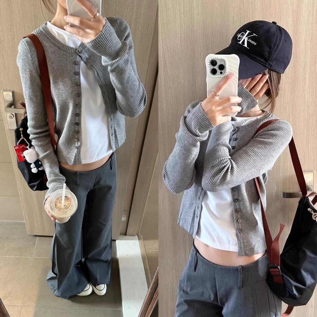 (sẵn)Áo khoác cardigan cổ tròn màu ghi trơn chất len gân dày dặn khuy cài CDG006 - Tiktik
