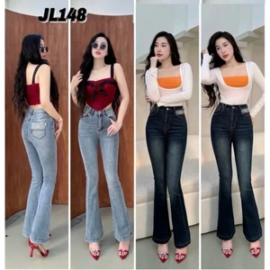 98-100cm Quần Jeans Nữ Ống Loe Dài Lưng Cao Thêu Viền Túi Thời Trang Lưng Cao CO Giãn
