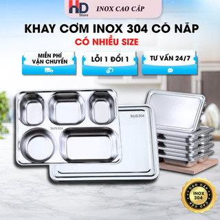 Khay cơm inox 304 4/5 ngăn kích thước 33*23 cao 4.2cm cho người lớn công nhân trẻ nhỏ có nắp