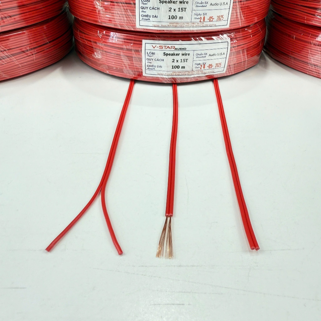 Cuộn 100m dây đôi 2 màu đỏ sọc đen dùng cho đèn led, bảng hiệu, mạch điện tử, audio - 2 X 15T - 100m