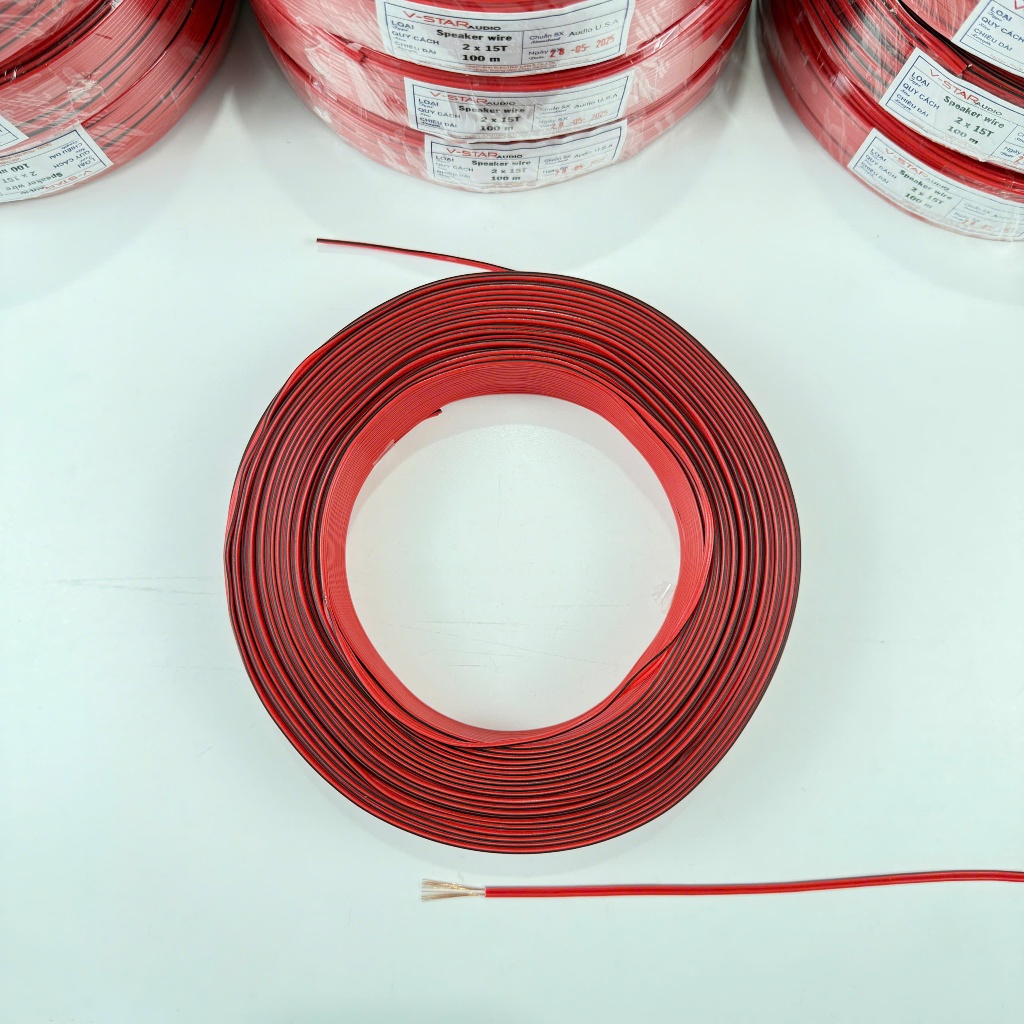 Cuộn 100m dây đôi 2 màu đỏ sọc đen dùng cho đèn led, bảng hiệu, mạch điện tử, audio - 2 X 15T - 100m