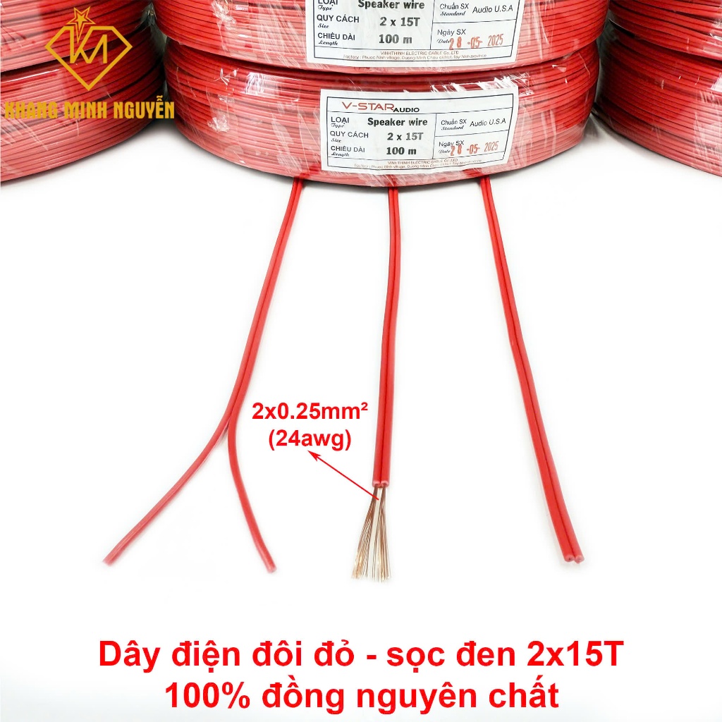 (Giá lẻ 10m) Dây đôi 2 màu đỏ sọc đen chuyên dụng cho đèn led, bảng hiệu, mạch điện tử, audio - 2 X 15T - giá cho 5 mét
