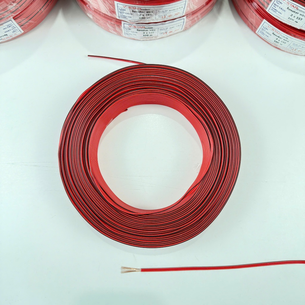 Cuộn 100m dây đôi 2 màu đỏ sọc đen dùng cho đèn led, bảng hiệu, mạch điện tử, audio - 2 X 15T - 100m