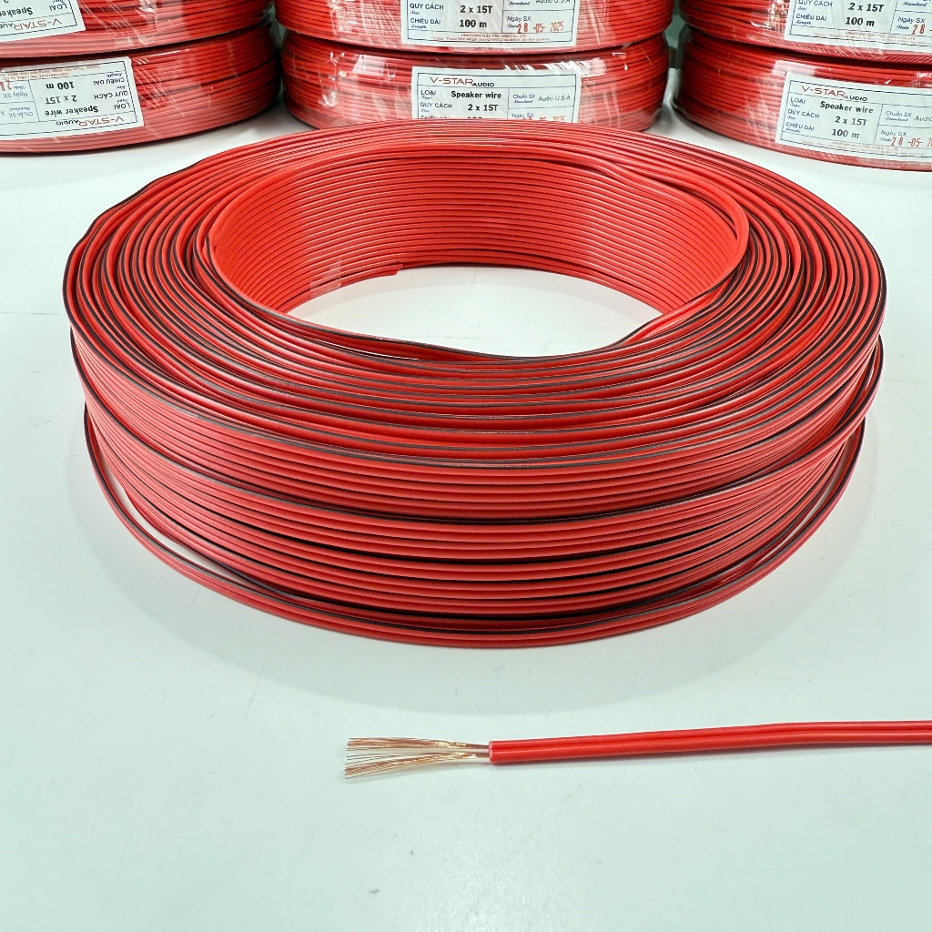 Cuộn 100m dây đôi 2 màu đỏ sọc đen dùng cho đèn led, bảng hiệu, mạch điện tử, audio - 2 X 15T - 100m