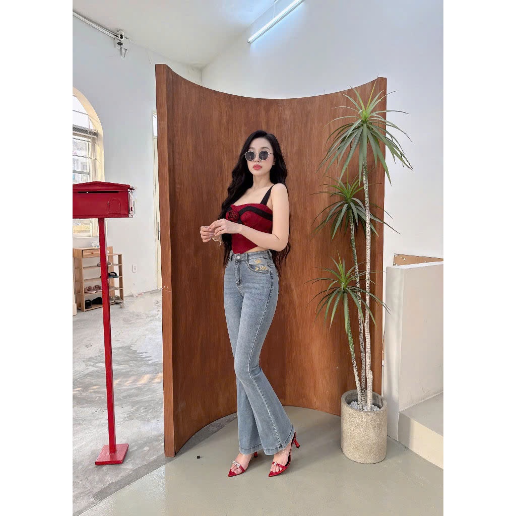 98-100cm Quần Jeans Nữ Ống Loe Dài Lưng Cao Thêu Viền Túi Thời Trang Lưng Cao CO Giãn