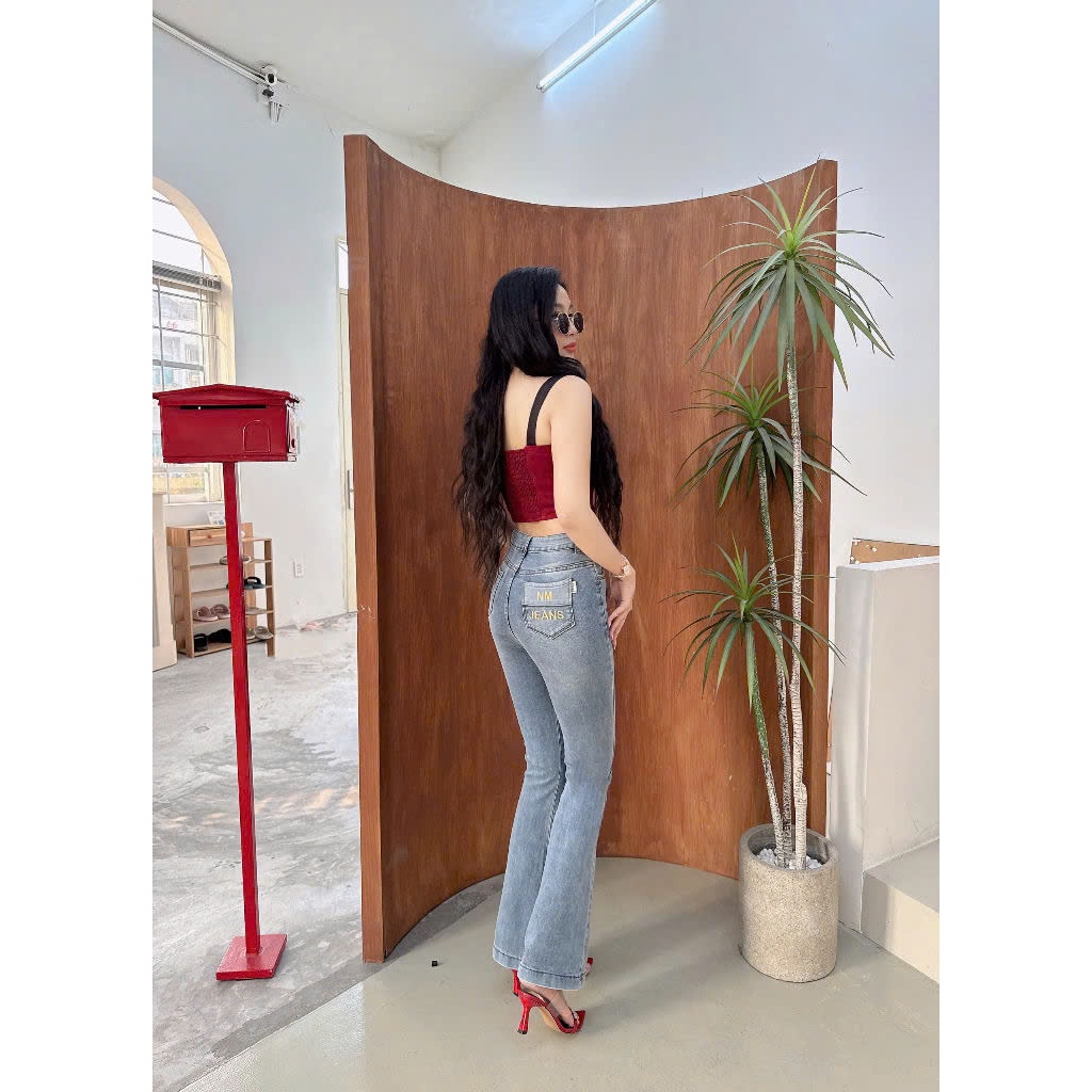 98-100cm Quần Jeans Nữ Ống Loe Dài Lưng Cao Thêu Viền Túi Thời Trang Lưng Cao CO Giãn