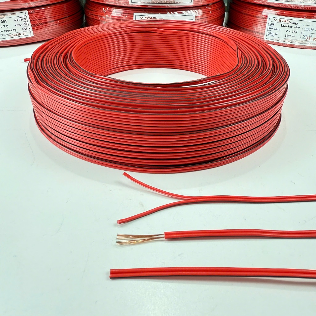 Cuộn 100m dây đôi 2 màu đỏ sọc đen dùng cho đèn led, bảng hiệu, mạch điện tử, audio - 2 X 15T - 100m