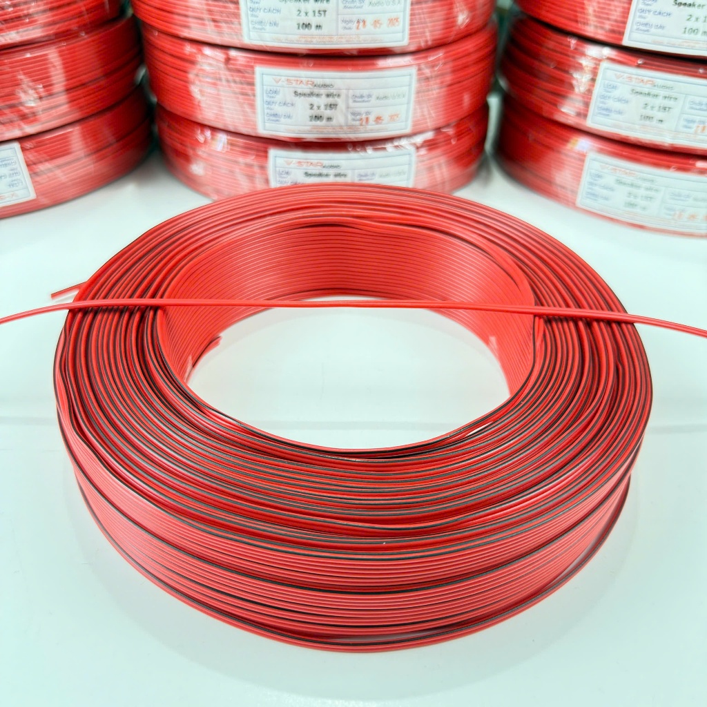 Cuộn 100m dây đôi 2 màu đỏ sọc đen dùng cho đèn led, bảng hiệu, mạch điện tử, audio - 2 X 15T - 100m