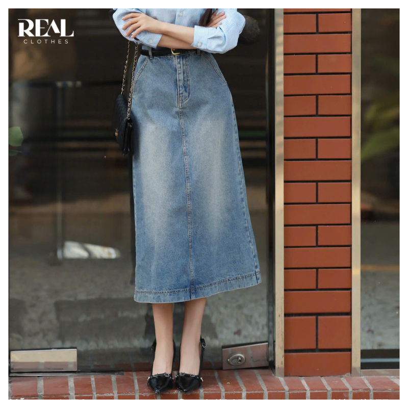Chân váy Jeans chữ A cơ bản dài 77cm REAL CLOTHES (tổng hợp màu), co giãn nhẹ, che bụng, trẻ trung