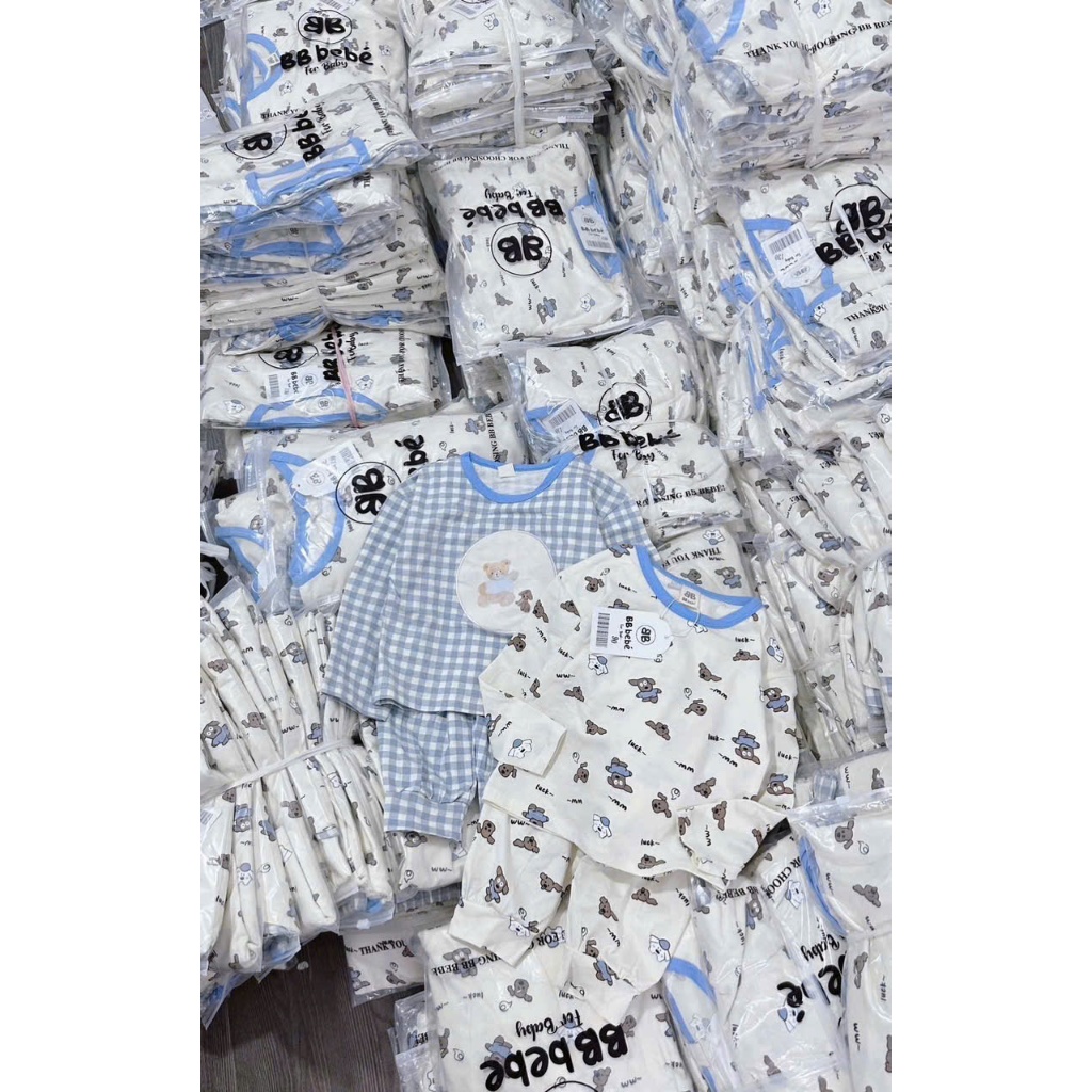 Combo 2 bộ cotton thu đông bé trai hoạ tiết gấu, bộ cotton mặc nhà dễ thương (mác BB be bé)