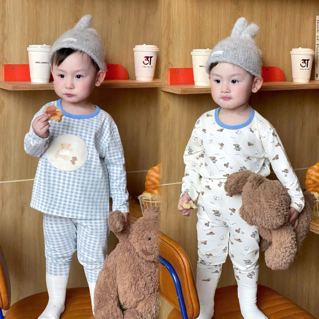 Combo 2 bộ cotton thu đông bé trai hoạ tiết gấu, bộ cotton mặc nhà dễ thương (mác BB be bé)