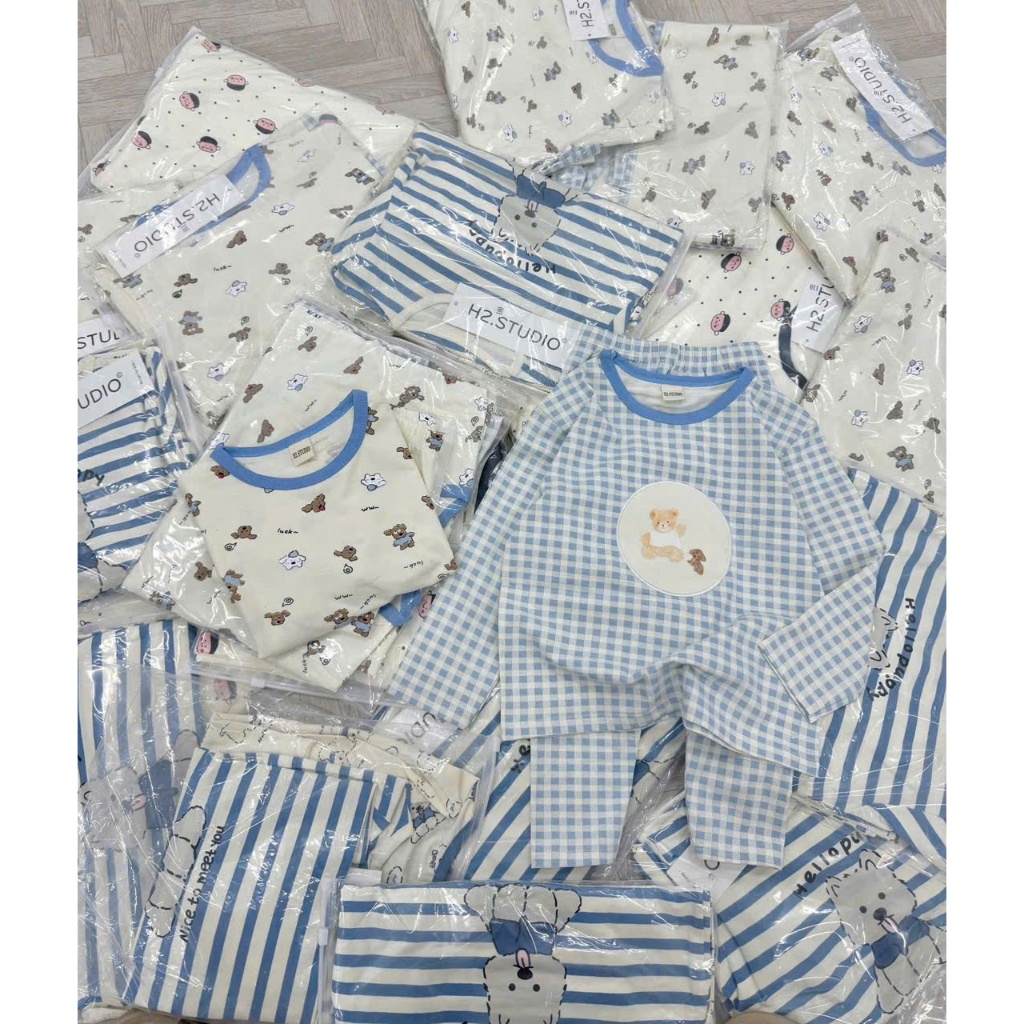 Combo 2 bộ cotton thu đông bé trai hoạ tiết gấu, bộ cotton mặc nhà dễ thương (mác BB be bé)