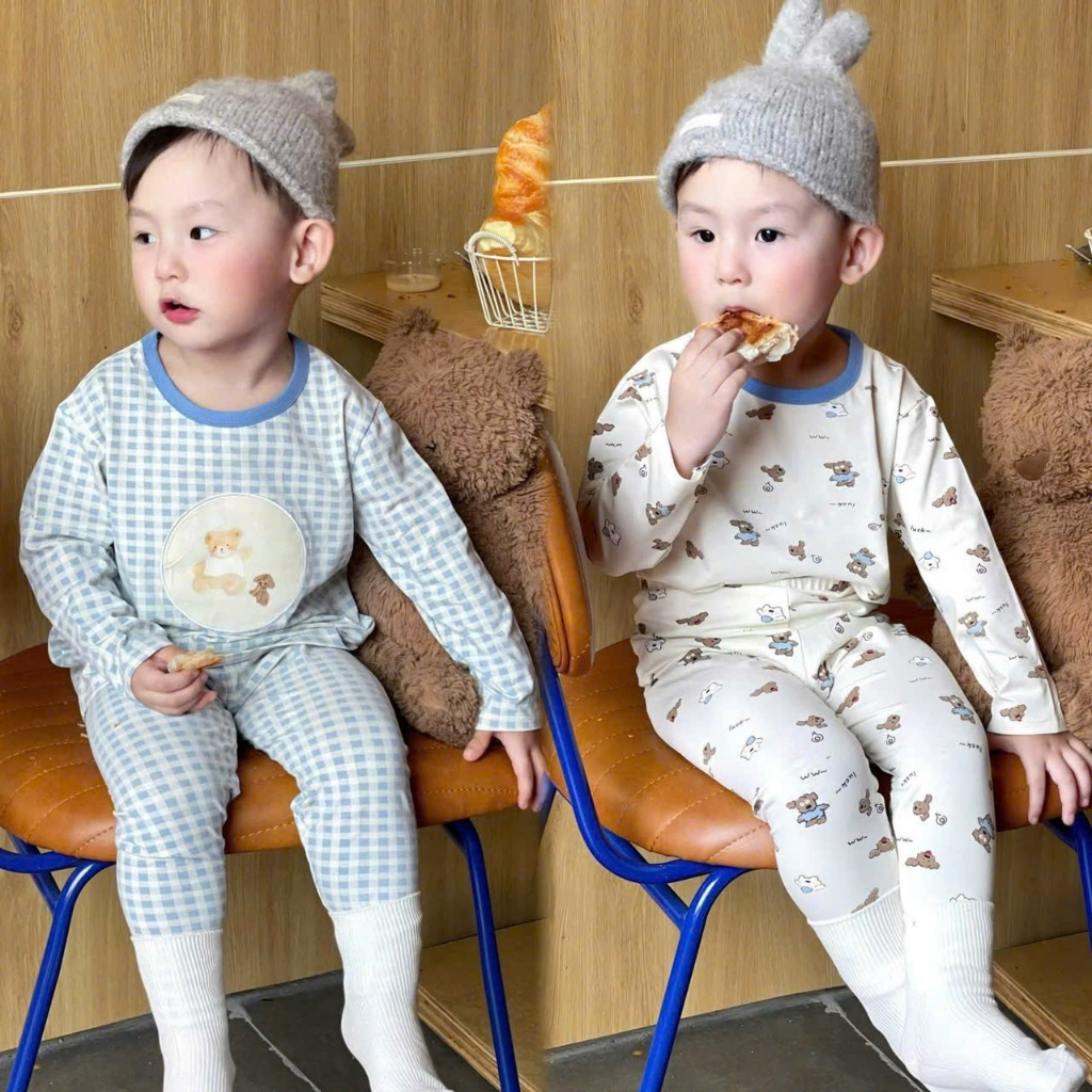 Combo 2 bộ cotton thu đông bé trai hoạ tiết gấu, bộ cotton mặc nhà dễ thương (mác BB be bé)