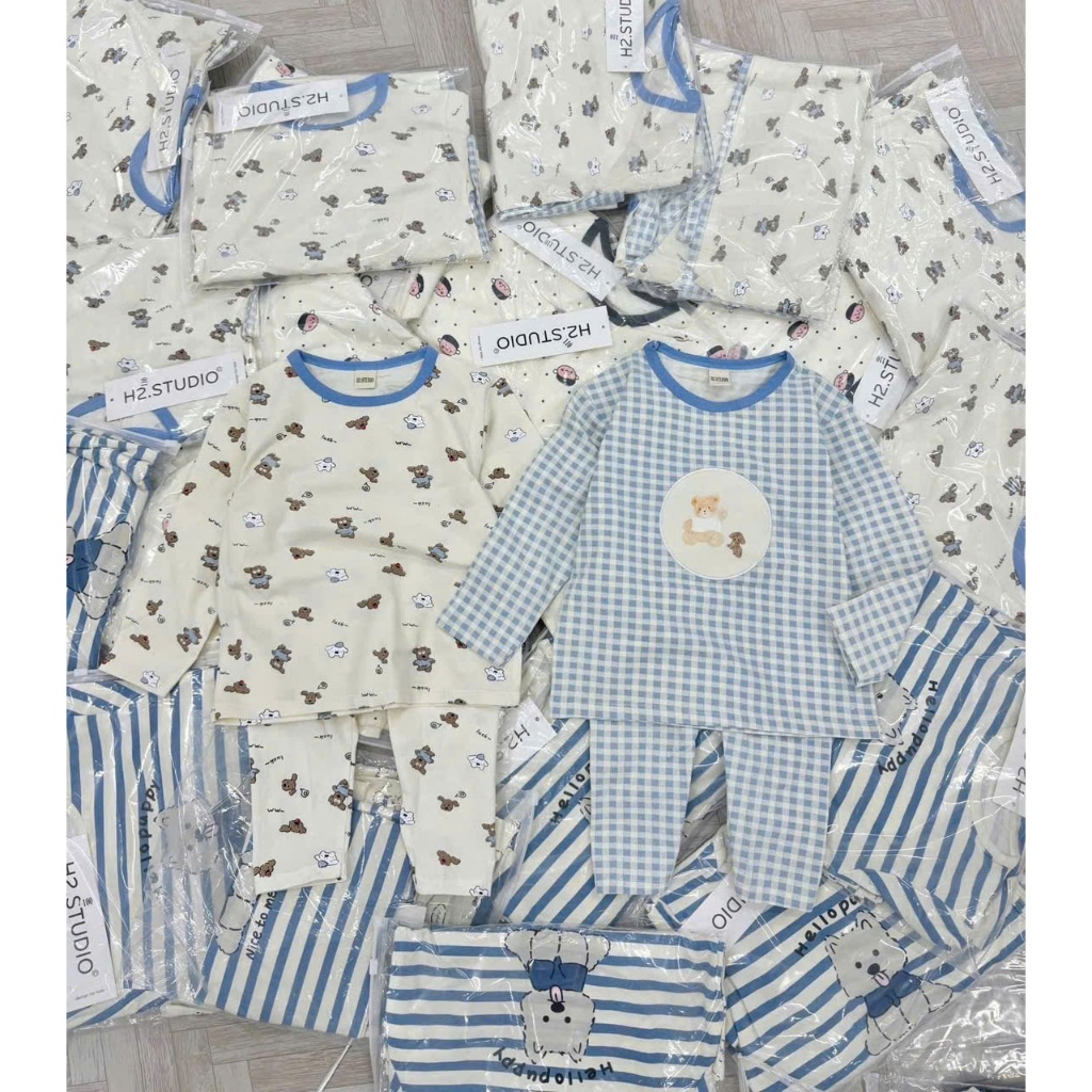 Combo 2 bộ cotton thu đông bé trai hoạ tiết gấu, bộ cotton mặc nhà dễ thương (mác BB be bé)