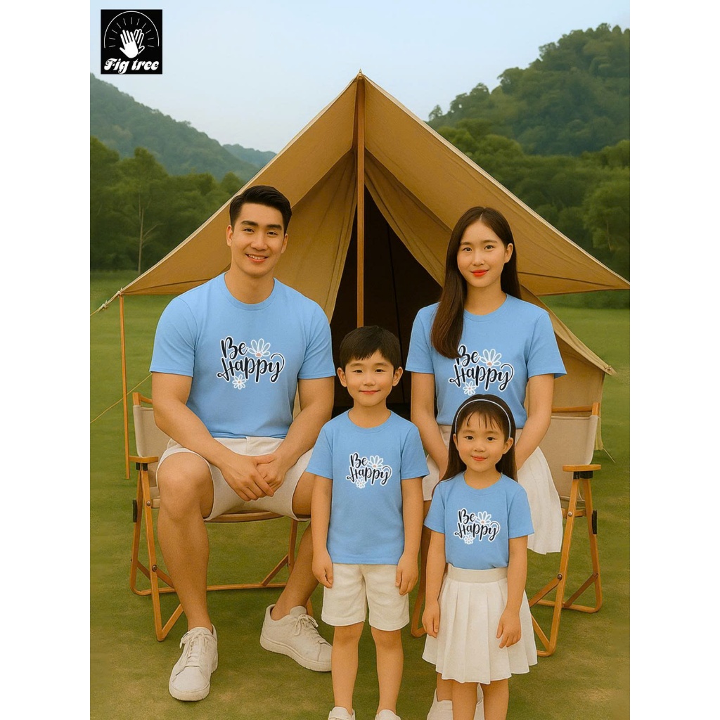 Đồng Phục Áo Thun Gia Đình Màu Xanh Nhạt Tươi Mát in Chữ Be Happy, Áo Thun Cotton Dày Dặn