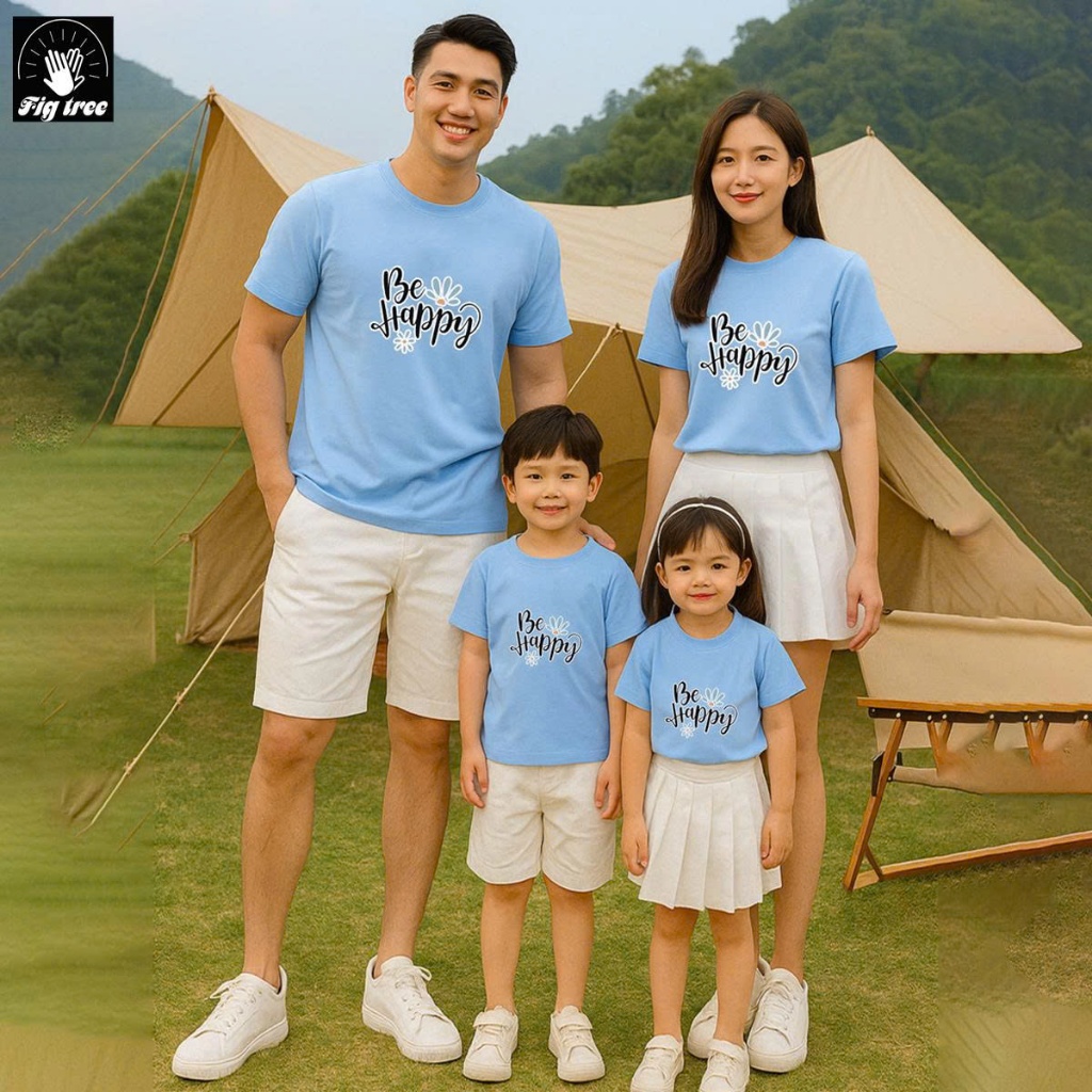 Đồng Phục Áo Thun Gia Đình Màu Xanh Nhạt Tươi Mát in Chữ Be Happy, Áo Thun Cotton Dày Dặn