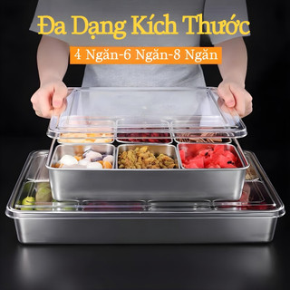 Bộ khay inox nhiều ngăn có nắp - đựng gia vị, topping, nguyên liệu sạch sẽ, chuyên nghiệp