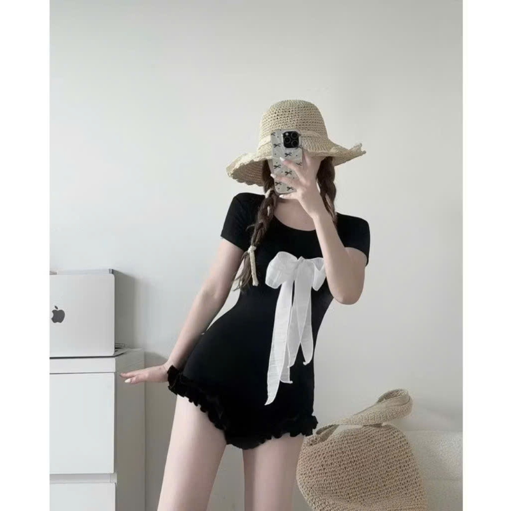 [CÓ SIZE] Jumpsuit Cộc Tay Cổ Tròn Đính Nơ Xinh Xắn RANSHI Viền Bèo Mặc Đi Biển Đi Chơi Chất Thun Tăm Chính Phẩm -RBS049