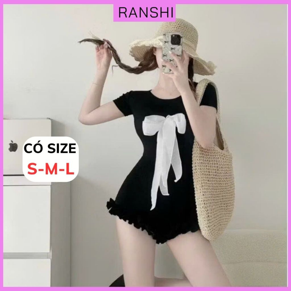 [CÓ SIZE] Jumpsuit Cộc Tay Cổ Tròn Đính Nơ Xinh Xắn RANSHI Viền Bèo Mặc Đi Biển Đi Chơi Chất Thun Tăm Chính Phẩm -RBS049