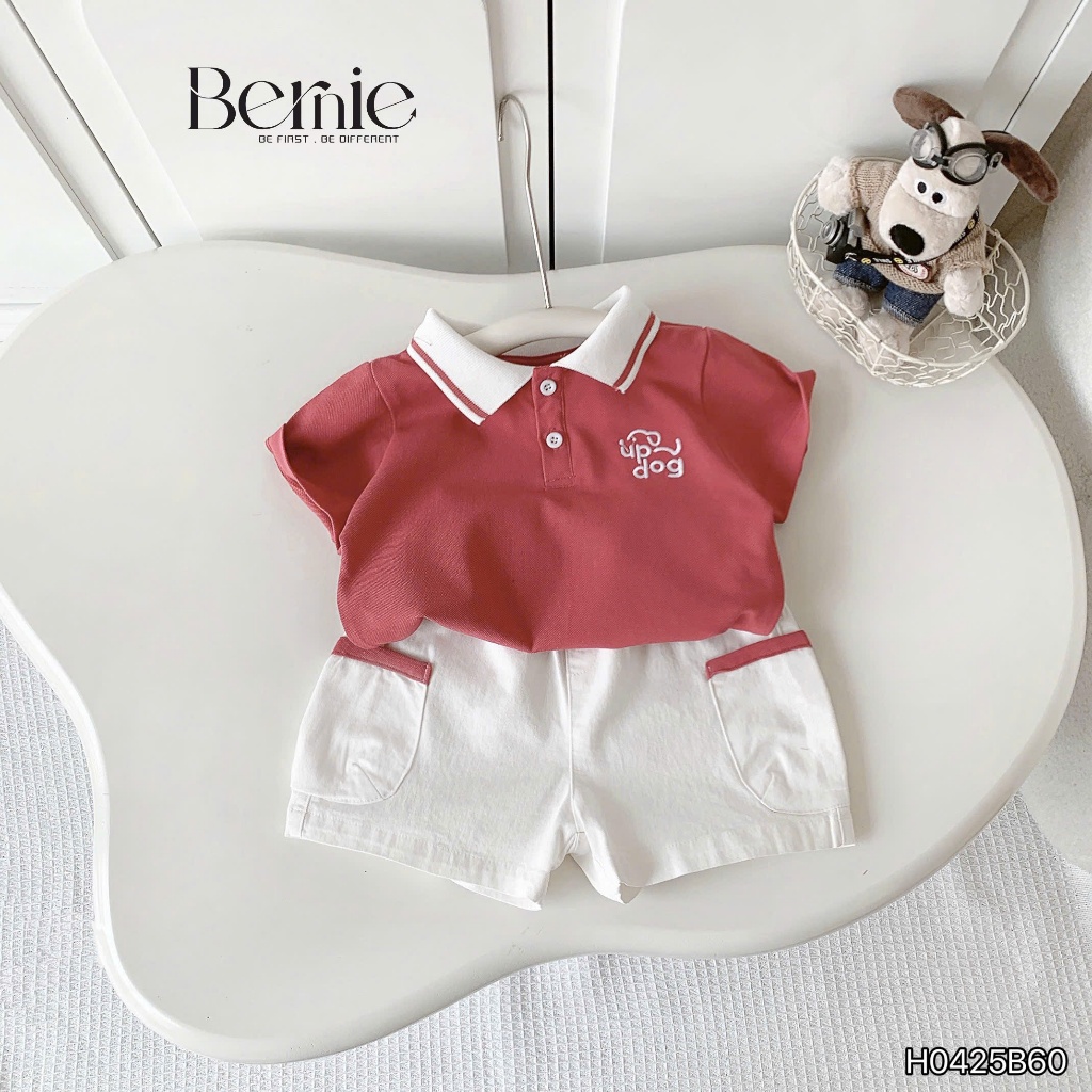 Bộ polo thêu ngực phối màu bé trai, bộ polo cộc tay cổ bo dệt quần kaki H0425B60