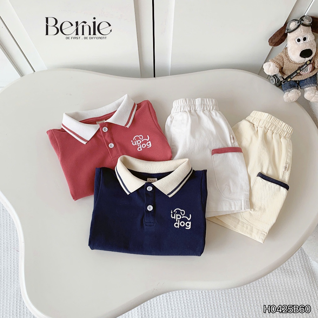 Bộ polo thêu ngực phối màu bé trai, bộ polo cộc tay cổ bo dệt quần kaki H0425B60
