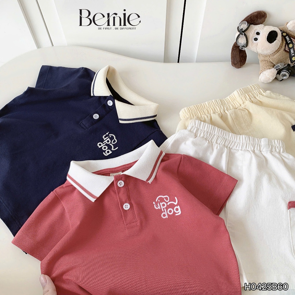 Bộ polo thêu ngực phối màu bé trai, bộ polo cộc tay cổ bo dệt quần kaki H0425B60