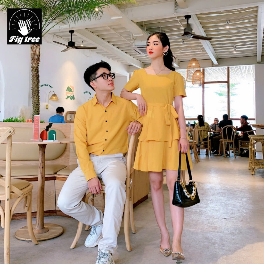 Set Sơ Mi Váy Đôi Fig Tree Màu Vàng Tươi Sáng, Áo Nam Váy Nữ Couple Đi chơi , Đi Tiệc ( có bigsize)