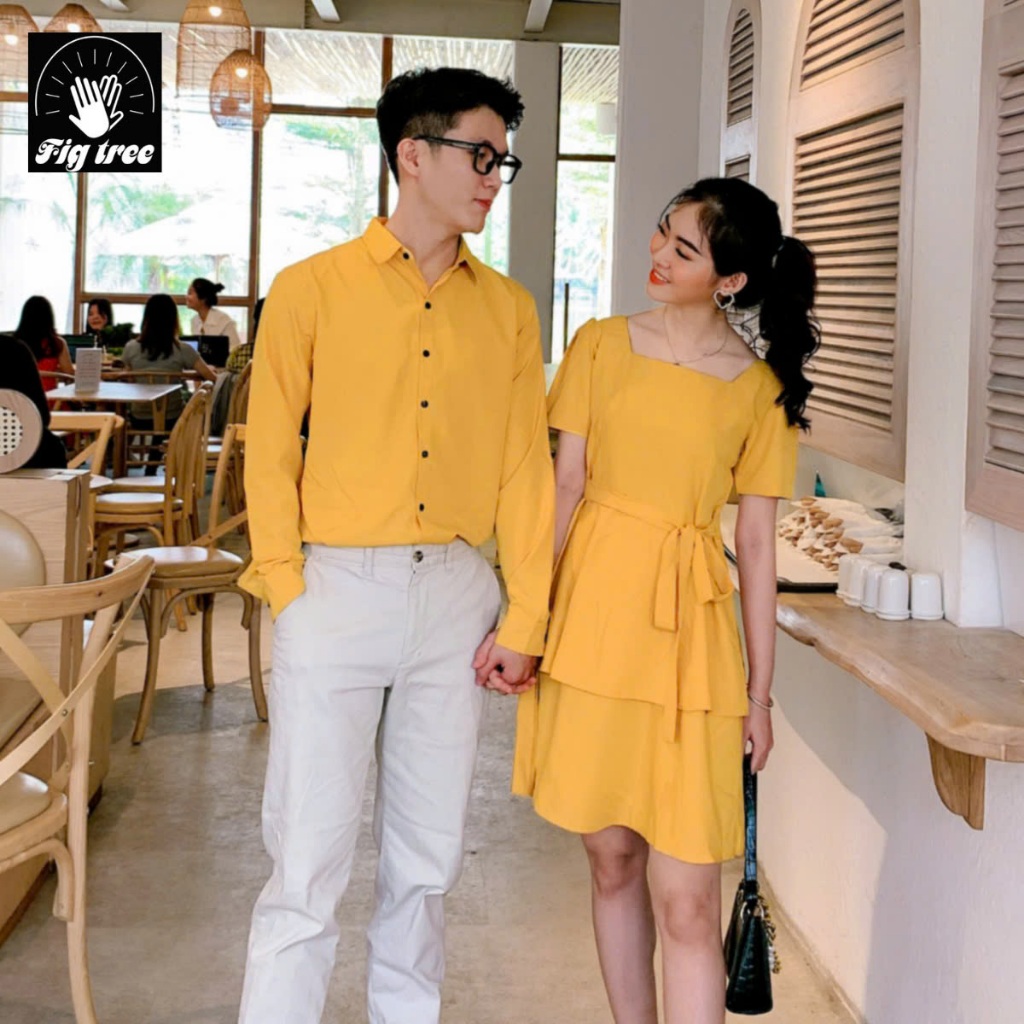 Set Sơ Mi Váy Đôi Fig Tree Màu Vàng Tươi Sáng, Áo Nam Váy Nữ Couple Đi chơi , Đi Tiệc ( có bigsize)