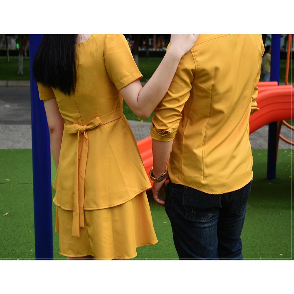 Set Sơ Mi Váy Đôi Fig Tree Màu Vàng Tươi Sáng, Áo Nam Váy Nữ Couple Đi chơi , Đi Tiệc ( có bigsize)