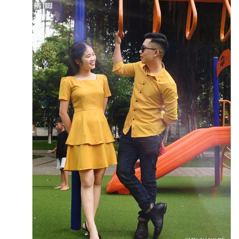 Set Sơ Mi Váy Đôi Fig Tree Màu Vàng Tươi Sáng, Áo Nam Váy Nữ Couple Đi chơi , Đi Tiệc ( có bigsize)