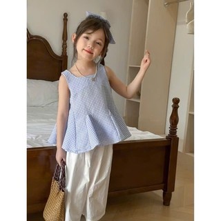 [B&G] Sét bộ áo sát nách kẻ xanh kèm quần lửng trắng(tặng buộc tóc) cho bé gái từ 10-45kg(2-12 tuổi)