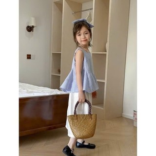 [B&G] Sét bộ áo sát nách kẻ xanh kèm quần lửng trắng(tặng buộc tóc) cho bé gái từ 10-45kg(2-12 tuổi)
