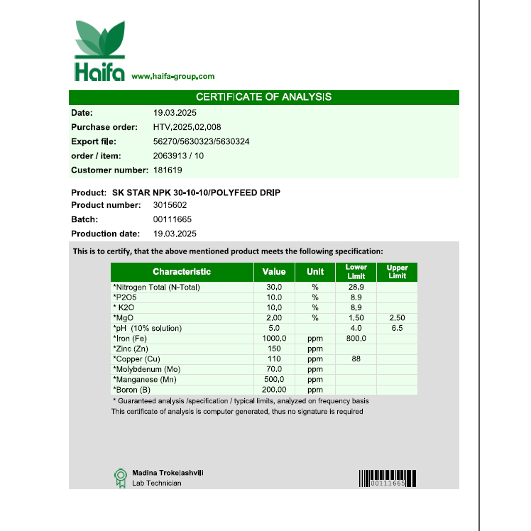 SK STAR NPK 30-10-10+2MgO+TE Haifa (1 kg) công thức bật mầm, bật tược, xanh lá, hồi sức sau thu hoạch