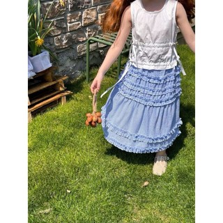 [B&G] Sét váy áo kaki trắng sát nách kèm chân váy dài kẻ xanh tiểu thư chi bé gái từ 10-45kg