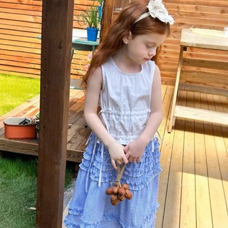 [B&G] Sét váy áo kaki trắng sát nách kèm chân váy dài kẻ xanh tiểu thư chi bé gái từ 10-45kg