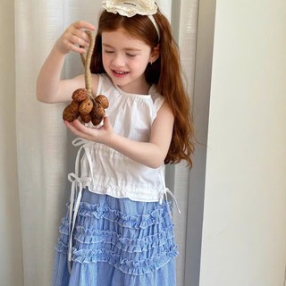 [B&G] Sét váy áo kaki trắng sát nách kèm chân váy dài kẻ xanh tiểu thư chi bé gái từ 10-45kg