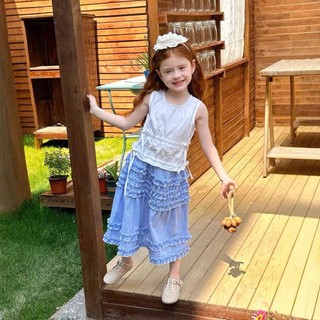 [B&G] Sét váy áo kaki trắng sát nách kèm chân váy dài kẻ xanh tiểu thư chi bé gái từ 10-45kg
