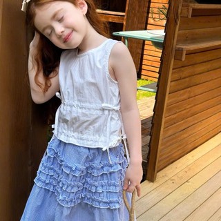 [B&G] Sét váy áo kaki trắng sát nách kèm chân váy dài kẻ xanh tiểu thư chi bé gái từ 10-45kg