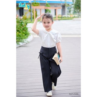 Set đồ đi học cho bé gái ILABY HCM áo sơ mi học sinh tay bồng và quần vải dáng suông đính nơ [3221 3286]