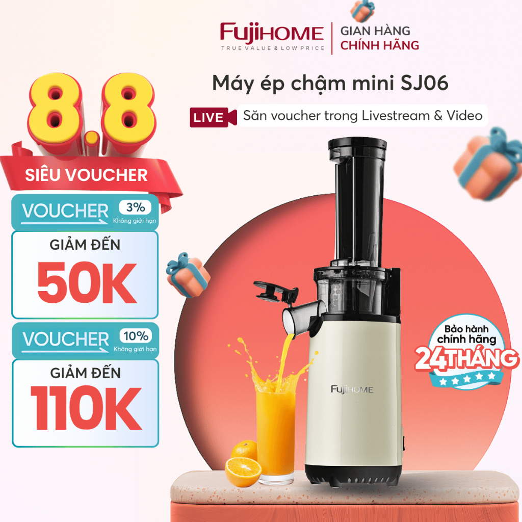 Máy ép chậm mini Nhập Khẩu FUJIHOME SJ06, ép kiệt không cặn, Máy ép trái cây ép sạch bã, tiết kiệm diện tích