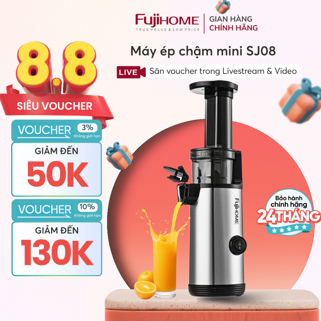Máy ép chậm nhỏ có chế độ tự ngắt FUJIHOME Nhập Khẩu SJ08, Máy ép mini cao cấp nhỏ gọn, ép kiệt, dễ vệ sinh