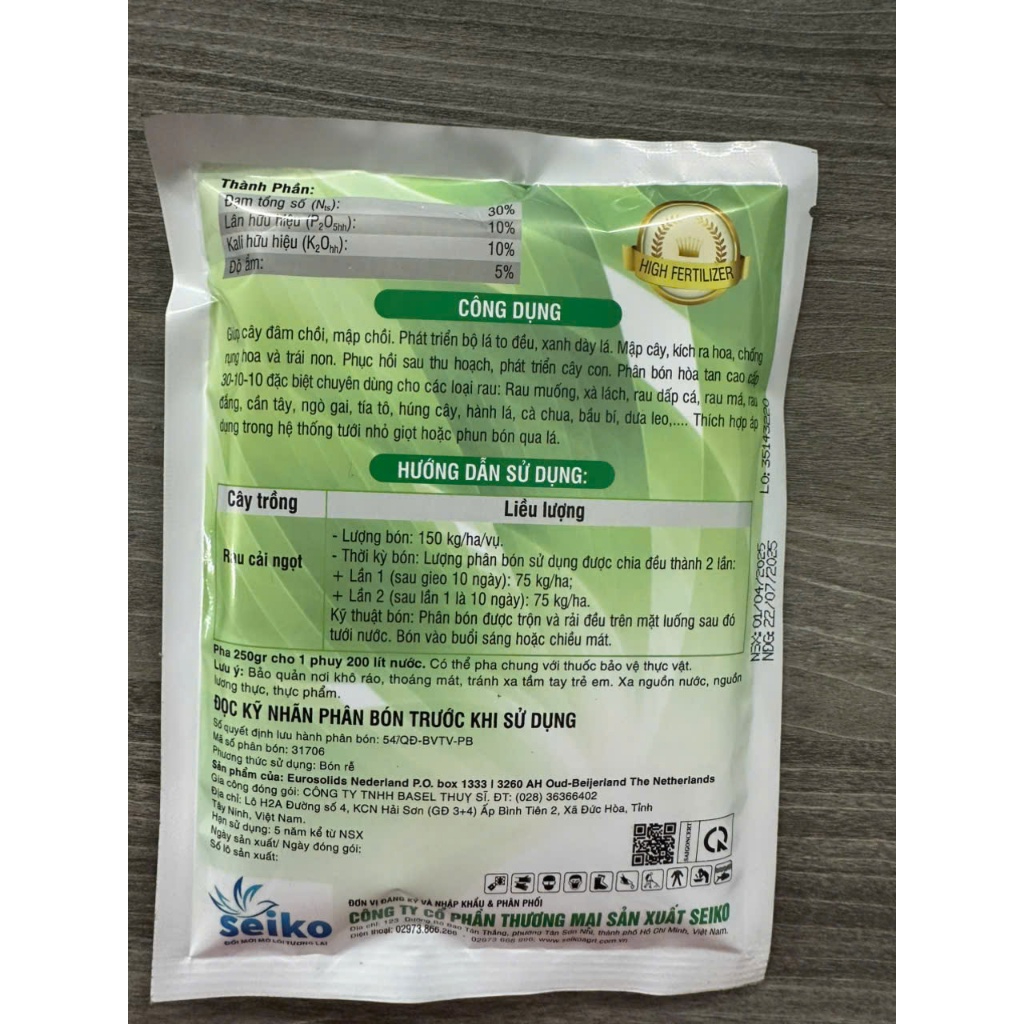 Phân NPK 30-10-10 + 2MgO + TE 250gr (xuất xứ Hà Lan)– Đạm cao, thúc lá mạnh, nuôi tược khỏe
