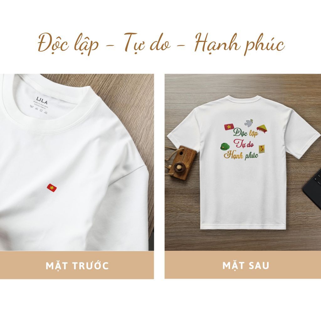 Áo thun nam nữ mẫu Độc lập Tự do Hạnh phúc, áo phông chất cotton mềm mịn thêu tên/cờ theo yêu cầu