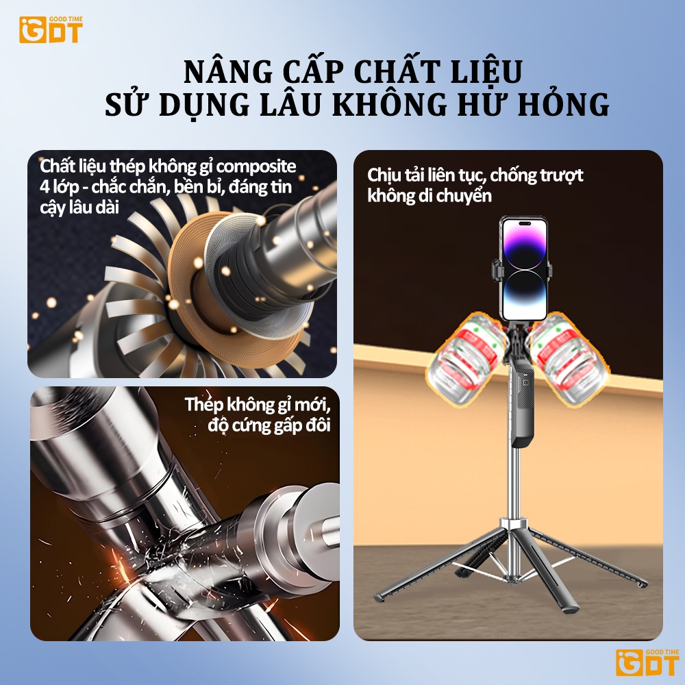 GDT P18 Gậy Chụp Ảnh 4 Chân 1.8M Gậy Selfie Có Đèn LED & Bluetooth,Tripod cây livestream điện thoại