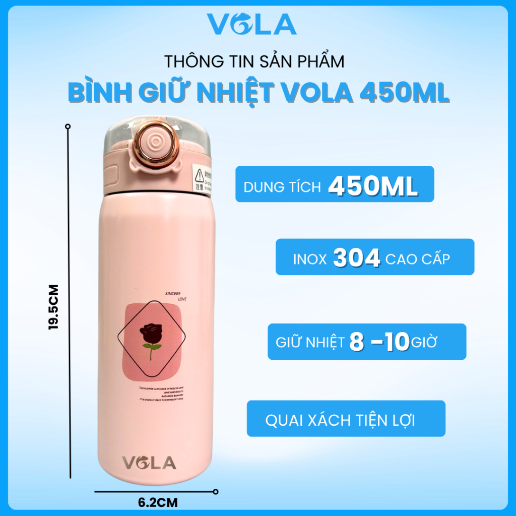 Bình giữ nhiệt VOLA 450ml Inox 304 cao cấp, Bình giữ nhiệt dễ thương có khắc tên và ống hút sẵn