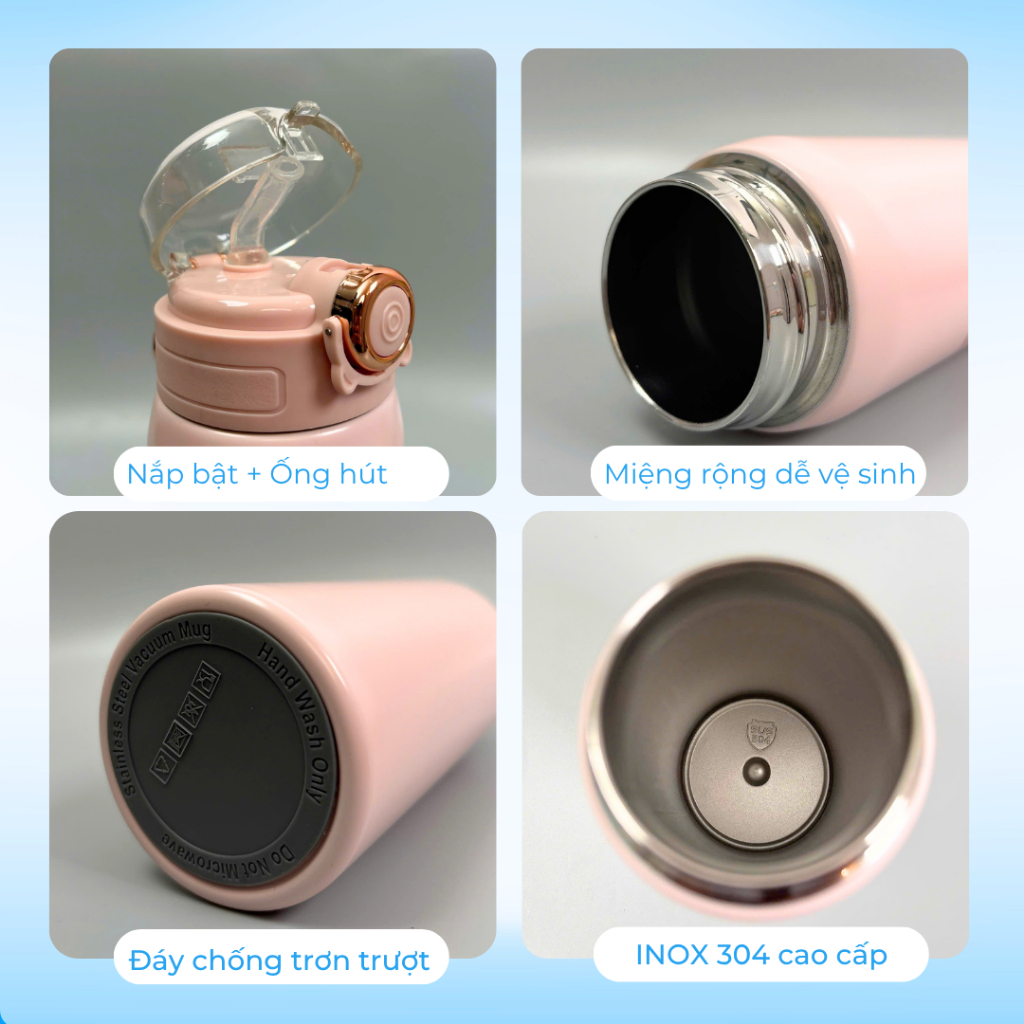 Bình giữ nhiệt VOLA 450ml Inox 304 cao cấp, Bình giữ nhiệt dễ thương có khắc tên và ống hút sẵn