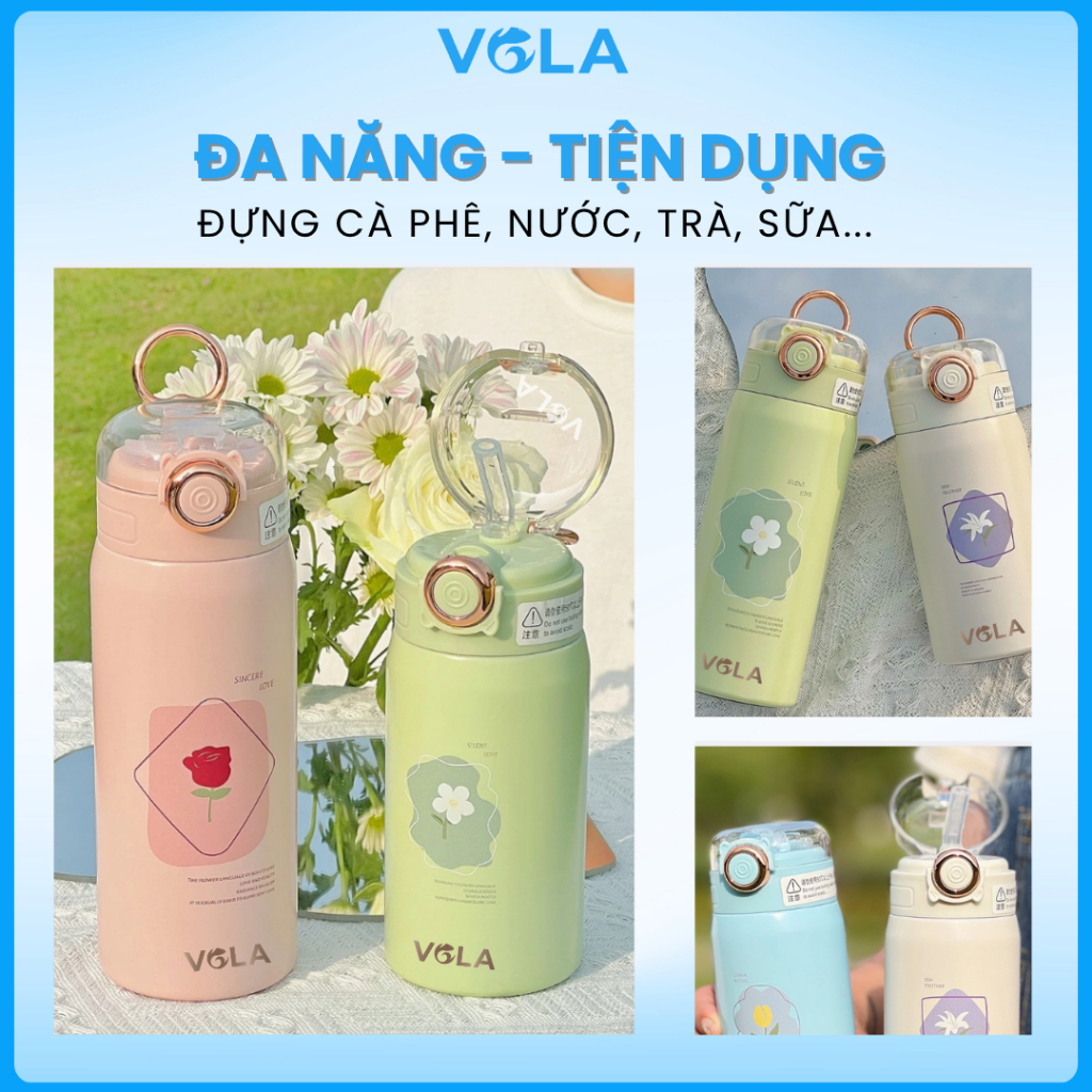 Bình giữ nhiệt VOLA 450ml Inox 304 cao cấp, Bình giữ nhiệt dễ thương có khắc tên và ống hút sẵn