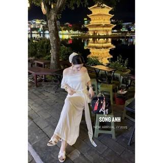 Set 3in1 áo xinh xắn mix ren hoa chun eo thắt nơ tua rua phối chân váy suông dài tiểu thư cho nàng - BaoTrang.clothes