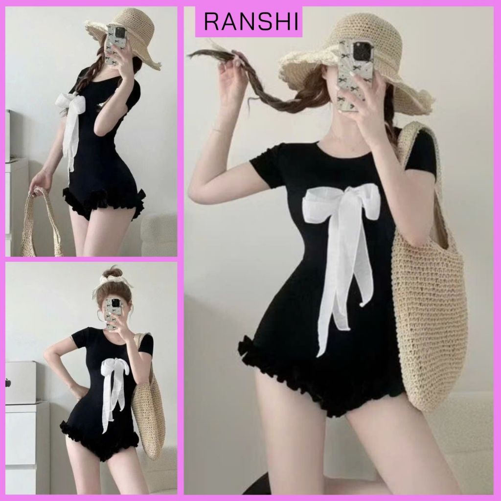 [CÓ SIZE] Jumpsuit Cộc Tay Cổ Tròn Đính Nơ Xinh Xắn RANSHI Viền Bèo Mặc Đi Biển Đi Chơi Chất Thun Tăm Chính Phẩm -RBS049